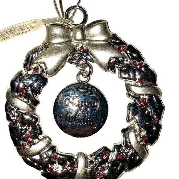 Ganz Pewter Wreath Ornament Engravable Red Stones Happy Holidays New Open Packag - Picture 4 of 11